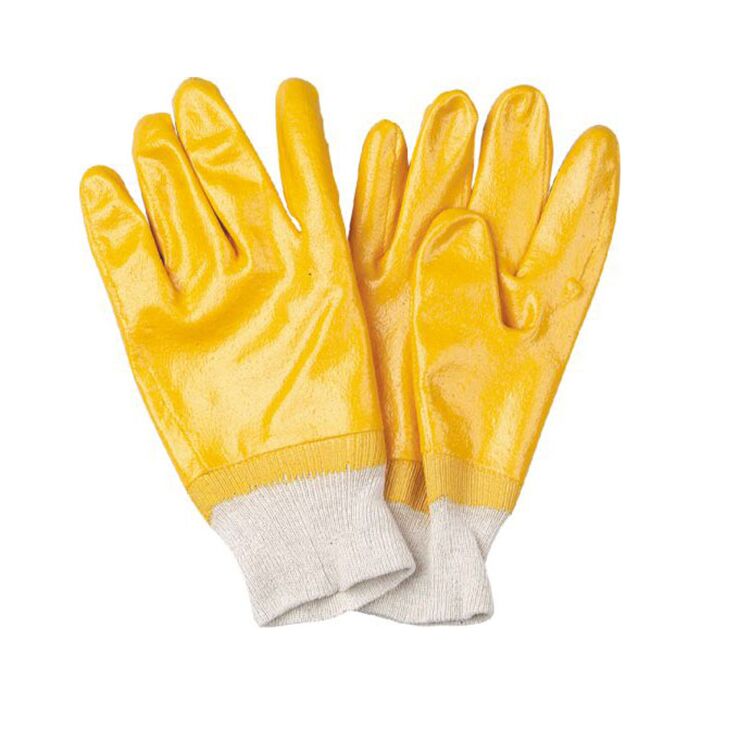 Full coated nitrile gloves knit wrist blue yellow color
